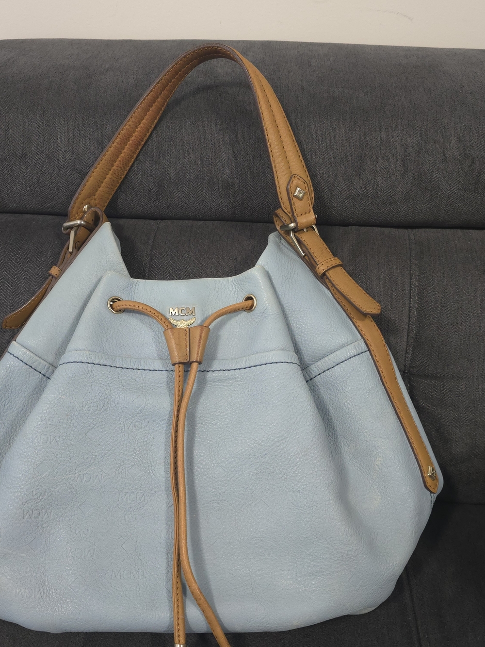 MCM Light Blue Leather Drawstring Bucket Bag Shoulder Tote Gold HW